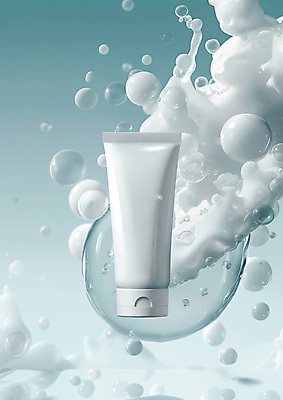 JPG 편집 편집이미지 사람없음 파란색 뷰티 거품 합성 물기포 클렌징폼 튜브용기 편집실사 AI컴퓨터그래픽 AI콘텐츠 컬러 용기_그릇 CG 세안용품 파일형식