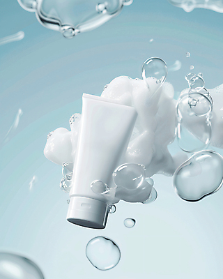 JPG 편집 편집이미지 사람없음 파란색 뷰티 거품 합성 물기포 클렌징폼 튜브용기 편집실사 AI컴퓨터그래픽 AI콘텐츠 컬러 용기_그릇 CG 세안용품 파일형식