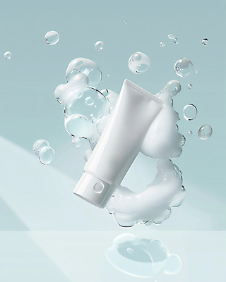 JPG 편집 편집이미지 사람없음 파란색 뷰티 거품 합성 물기포 클렌징폼 튜브용기 편집실사 AI컴퓨터그래픽 AI콘텐츠 컬러 용기_그릇 CG 세안용품 파일형식