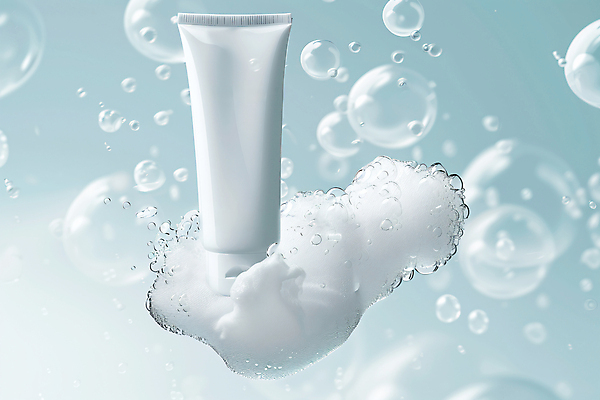 JPG 편집 편집이미지 사람없음 파란색 뷰티 거품 합성 물기포 클렌징폼 튜브용기 편집실사 AI컴퓨터그래픽 AI콘텐츠 컬러 용기_그릇 CG 세안용품 파일형식