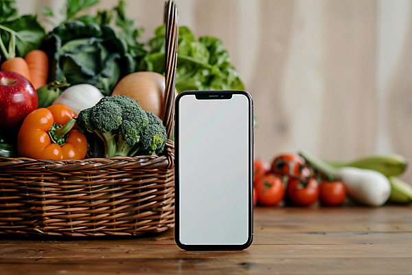 JPG 편집이미지 토마토 피망 사람없음 경제 스마트폰 바구니 시세 양상추 사과 브로콜리 합성 카피스페이스 편집실사 AI포토 AI콘텐츠 채소 과일 금융 핸드폰 스마트기기 공백 CG 파일형식