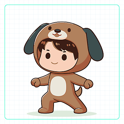 전신 캐릭터 남자 어린이 일러스트 한명 소년 귀여움 십이지신 띠 개띠 코스프레 소년한명만 일러캐릭터 AI파일 1 컨셉 사람 개 남자한명만 소년만 파일형식 벡터