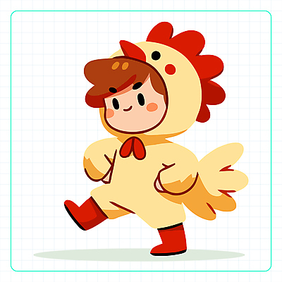 전신 캐릭터 남자 어린이 일러스트 한명 소년 귀여움 십이지신 닭띠 띠 다리들기 코스프레 소년한명만 일러캐릭터 AI파일 1 컨셉 모션 사람 닭 남자한명만 소년만 파일형식 벡터