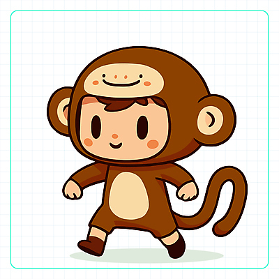 전신 캐릭터 남자 어린이 일러스트 한명 소년 귀여움 십이지신 원숭이띠 띠 코스프레 소년한명만 일러캐릭터 AI파일 1 컨셉 사람 원숭이 남자한명만 소년만 파일형식 벡터