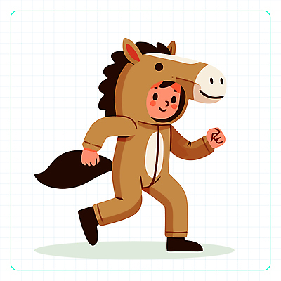 전신 캐릭터 남자 어린이 일러스트 한명 소년 귀여움 십이지신 띠 말띠 다리들기 코스프레 소년한명만 일러캐릭터 AI파일 1 컨셉 모션 사람 말_동물 남자한명만 소년만 파일형식 벡터