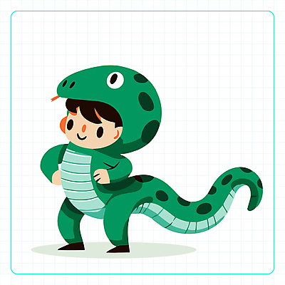 전신 캐릭터 남자 어린이 일러스트 한명 소년 귀여움 십이지신 띠 뱀띠 코스프레 소년한명만 일러캐릭터 AI파일 1 컨셉 사람 뱀 남자한명만 소년만 파일형식 벡터