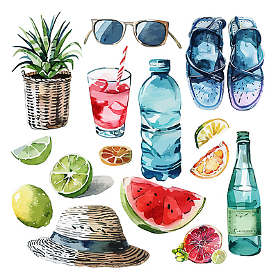 모자 화초 음료 오렌지 일러스트 잔 슬리퍼 수박 바캉스용품 빨대 사람없음 여름휴가 선글라스 바구니 병 오브젝트 라임 페트병 복잡 엘리먼트 국내일러스트 AI파일 식물 식기 잡화 안경 신발 컨셉 과일 휴가 병_담는 파일형식 벡터 여름_계절