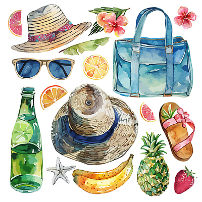모자 음료 잎 가방 오렌지 일러스트 딸기 불가사리 슬리퍼 바캉스용품 바나나 사람없음 여름휴가 선글라스 병 자몽 파인애플 오브젝트 복잡 엘리먼트 국내일러스트 AI파일 식물 식기 잡화 안경 신발 컨셉 과일 휴가 극피동물 열대과일 파일형식 벡터 여름_계절