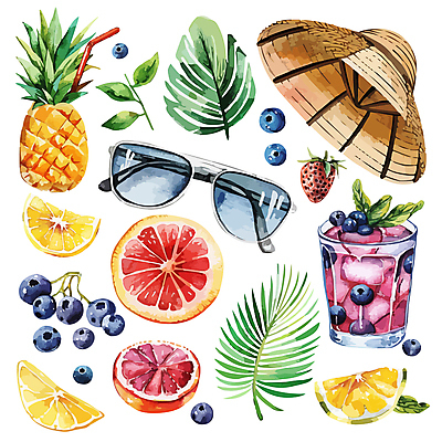 모자 음료 잎 오렌지 일러스트 딸기 잔 바캉스용품 빨대 사람없음 여름휴가 선글라스 허브 자몽 파인애플 오브젝트 블루베리 복잡 엘리먼트 국내일러스트 AI파일 식물 식기 잡화 안경 컨셉 과일 휴가 열대과일 파일형식 벡터 여름_계절