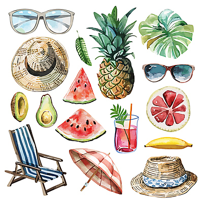 모자 음료 잎 일러스트 잔 수박 바캉스용품 바나나 빨대 사람없음 여름휴가 선글라스 파라솔 자몽 파인애플 오브젝트 선베드 아보카도 복잡 엘리먼트 국내일러스트 AI파일 식물 식기 잡화 안경 컨셉 의자 과일 휴가 열대과일 파일형식 벡터 여름_계절