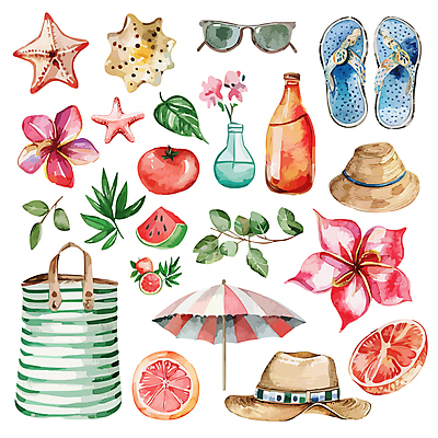 모자 꽃 음료 잎 토마토 가방 일러스트 불가사리 수박 바캉스용품 사람없음 여름휴가 선글라스 파라솔 병 자몽 오브젝트 복잡 엘리먼트 국내일러스트 AI파일 식물 식기 잡화 안경 컨셉 채소 과일 휴가 극피동물 파일형식 벡터 여름_계절