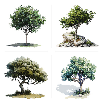 나무 일러스트 나뭇잎 사람없음 초록색 바위 분위기 땅 엘리먼트 국내일러스트 AI파일 식물 컬러 컨셉 잎 돌_바위 파일형식 벡터