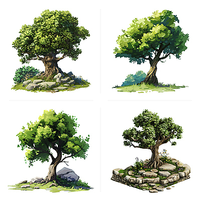 나무 일러스트 나뭇잎 사람없음 초록색 바위 분위기 땅 엘리먼트 국내일러스트 AI파일 식물 컬러 컨셉 잎 돌_바위 파일형식 벡터
