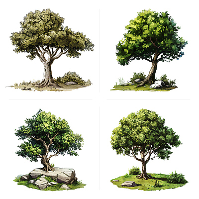 나무 일러스트 나뭇잎 사람없음 초록색 바위 분위기 땅 엘리먼트 국내일러스트 AI파일 식물 컬러 컨셉 잎 돌_바위 파일형식 벡터