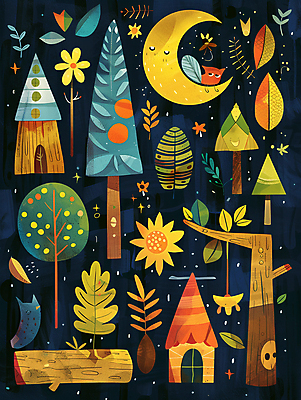 JPG 나무 꽃 일러스트 동화 주택 사람없음 반짝임 컬러풀 달 화려 야간 숲 몽환 국내일러스트 AI일러스트 AI콘텐츠 자연요소 식물 컬러 컨셉 모션 건물 파일형식