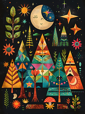 JPG 나무 꽃 잎 일러스트 동화 사람없음 반짝임 컬러풀 버섯 달 화려 야간 숲 몽환 국내일러스트 AI일러스트 AI콘텐츠 자연요소 식물 컬러 컨셉 모션 파일형식