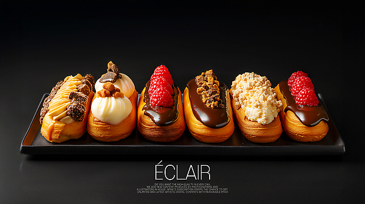 PSD 편집이미지 빵 타이포그라피 사람없음 초콜릿 검은색 견과류 달콤 크림 산딸기 에클레어 이미지편집 문자 음식 컬러 과일 디저트 맛 파일형식