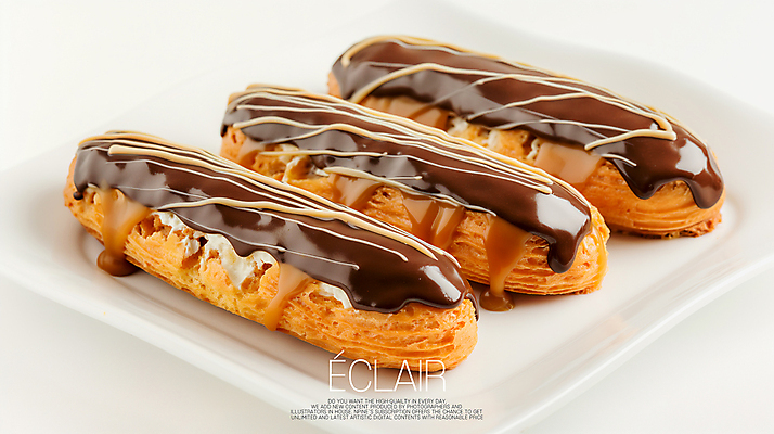 PSD 편집이미지 접시 빵 타이포그라피 사람없음 갈색 초콜릿 달콤 크림 에클레어 이미지편집 문자 식기 음식 컬러 디저트 맛 파일형식