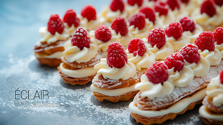 PSD 편집이미지 빵 타이포그라피 사람없음 빨간색 달콤 크림 산딸기 슈가파우더 에클레어 이미지편집 문자 음식 컬러 과일 디저트 맛 파일형식