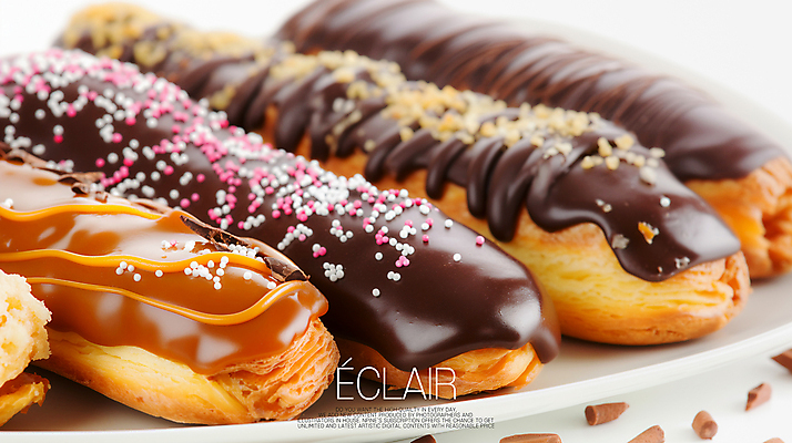 PSD 편집이미지 접시 빵 타이포그라피 사람없음 갈색 초콜릿 달콤 크림 에클레어 스프링클 이미지편집 문자 식기 음식 컬러 디저트 장식 맛 파일형식