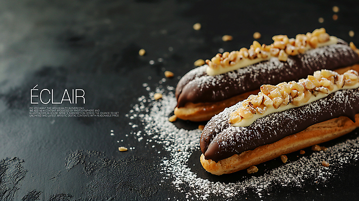 PSD 편집이미지 빵 타이포그라피 사람없음 초콜릿 검은색 견과류 달콤 크림 슈가파우더 에클레어 이미지편집 문자 음식 컬러 디저트 맛 파일형식