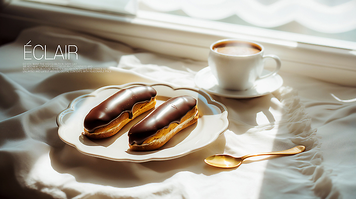 PSD 편집이미지 접시 빵 잔 타이포그라피 사람없음 햇빛 초콜릿 식탁보 흰색 달콤 티스푼 컵받침 크림 에클레어 이미지편집 문자 식기 음식 컬러 디저트 태양 숟가락 맛 받침대 파일형식