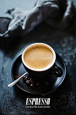 PSD 편집이미지 타이포그라피 사람없음 검은색 원두 커피잔 티스푼 천 컵받침 에스프레소 이미지편집 문자 커피 컬러 잔 숟가락 직물 받침대 파일형식