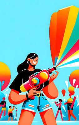 JPG 전신 여자 남자 어린이 일러스트 들기 소년 여러명 성인 물 파란색 파티 귀걸이 즐거움 활기 물총 여름축제 국내일러스트 AI일러스트 AI콘텐츠 자연요소 감정 컬러 다수 컨셉 장신구 모션 사람 이벤트 축제 파일형식 여름_계절