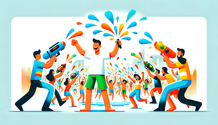 JPG 전신 여자 남자 일러스트 들기 여러명 성인 물 파란색 파티 기쁨 즐거움 싸움 활기 물총 성인만 여름축제 국내일러스트 AI일러스트 AI콘텐츠 자연요소 감정 컬러 다수 컨셉 모션 사람 이벤트 축제 파일형식 여름_계절