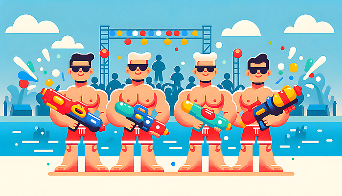 JPG 전신 구름 남자 일러스트 들기 여러명 성인 물 파란색 선글라스 파티 기쁨 무대 즐거움 활기 물총 성인남자만 여름축제 국내일러스트 AI일러스트 AI콘텐츠 자연요소 감정 안경 컬러 다수 컨셉 모션 사람 이벤트 축제 남자만 성인만 파일형식 여름_계절