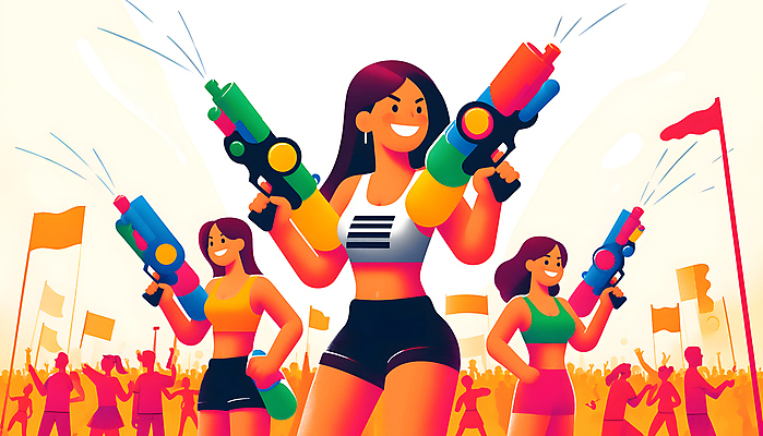 JPG 전신 여자 남자 일러스트 들기 여러명 성인 물 파티 주황색 기쁨 깃발 즐거움 활기 물총 성인만 여름축제 국내일러스트 AI일러스트 AI콘텐츠 자연요소 감정 컬러 다수 컨셉 모션 사람 이벤트 축제 파일형식 여름_계절