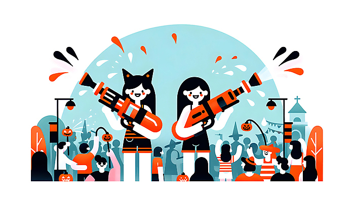 JPG 전신 여자 남자 가로등 일러스트 호박 들기 여러명 성인 물 파란색 파티 기쁨 할로윈 머리띠 군중 즐거움 활기 물총 성인만 여름축제 국내일러스트 AI일러스트 AI콘텐츠 자연요소 공공시설 감정 컬러 다수 컨셉 채소 장신구 모션 사람 이벤트 축제 파일형식 여름_계절