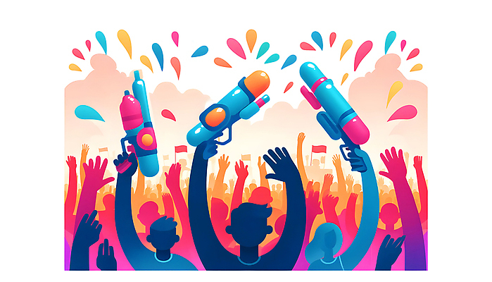 JPG 전신 일러스트 들기 여러명 물 파란색 컬러풀 파티 손들기 기쁨 만세 깃발 군중 즐거움 활기 물총 여름축제 국내일러스트 AI일러스트 AI콘텐츠 자연요소 감정 컬러 다수 컨셉 모션 사람 이벤트 축제 파일형식 여름_계절