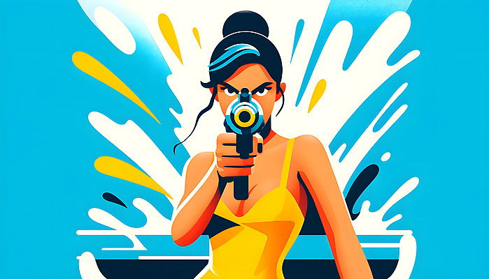 JPG 여자 일러스트 한명 들기 성인 물 파란색 파티 즐거움 조준 활기 물총 성인여자한명만 여름축제 국내일러스트 AI일러스트 AI콘텐츠 자연요소 1 감정 컬러 컨셉 모션 사람 이벤트 축제 여자한명만 성인여자만 파일형식 여름_계절