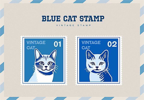 스티커 일러스트 타이포그라피 사람없음 파란색 세트 고양이 빈티지 우표 미니멀 국내일러스트 AI파일 문자 컬러 컨셉 포유류 반려동물 파일형식 벡터