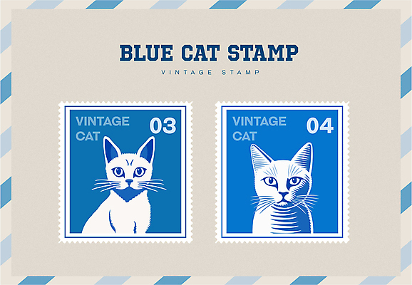 캐릭터 스티커 일러스트 타이포그라피 사람없음 파란색 세트 고양이 빈티지 우표 미니멀 국내일러스트 일러캐릭터 AI파일 문자 컬러 컨셉 포유류 반려동물 파일형식 벡터