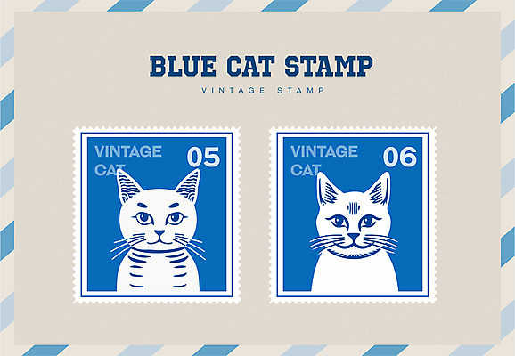 캐릭터 스티커 일러스트 타이포그라피 사람없음 파란색 세트 고양이 빈티지 우표 미니멀 국내일러스트 일러캐릭터 AI파일 문자 컬러 컨셉 포유류 반려동물 파일형식 벡터