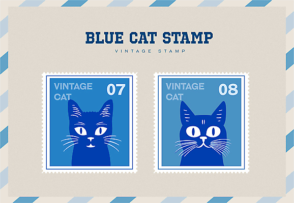 캐릭터 스티커 일러스트 타이포그라피 사람없음 파란색 세트 고양이 빈티지 우표 미니멀 국내일러스트 일러캐릭터 AI파일 문자 컬러 컨셉 포유류 반려동물 파일형식 벡터