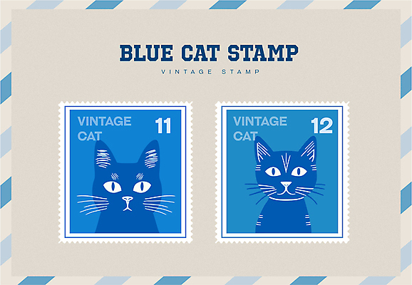 캐릭터 스티커 일러스트 타이포그라피 사람없음 파란색 세트 고양이 빈티지 우표 미니멀 국내일러스트 일러캐릭터 AI파일 문자 컬러 컨셉 포유류 반려동물 파일형식 벡터