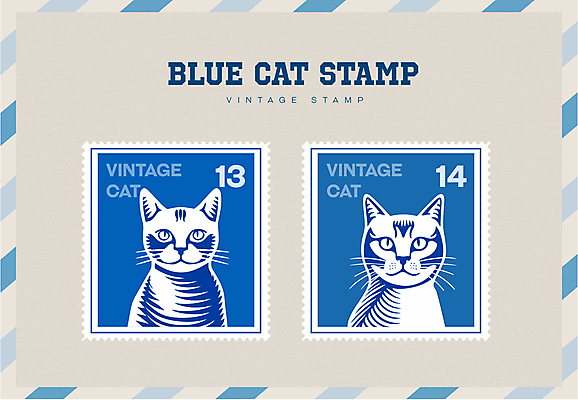 캐릭터 스티커 일러스트 타이포그라피 사람없음 파란색 세트 고양이 빈티지 우표 미니멀 국내일러스트 일러캐릭터 AI파일 문자 컬러 컨셉 포유류 반려동물 파일형식 벡터