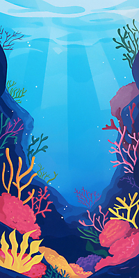 JPG 포스터 바다 일러스트 자연 사람없음 파란색 여름휴가 여름풍경 돌_바위 분위기 산호 산호초 물거품 카피스페이스 국내일러스트 AI일러스트 AI콘텐츠 컬러 컨셉 휴가 풍경 공백 거품 수중식물 자포동물 생태계 파일형식 여름_계절