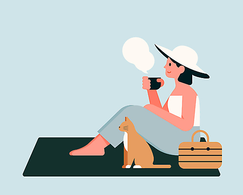 전신 모자 여자 커피 하늘색 가방 일러스트 휴식 한명 들기 앉기 성인 고양이 머그컵 수증기 편안함 돗자리 성인여자한명만 국내일러스트 AI파일 1 잡화 음료 컨셉 포유류 모션 사람 컵 파란색 반려동물 감각 여자한명만 성인여자만 파일형식 벡터