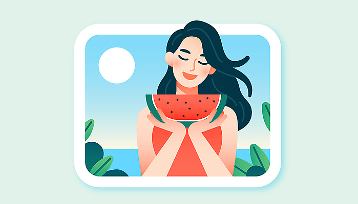 여자 행복 일러스트 수박 한명 웃음 들기 성인 해변 연두색 여름 눈감음 성인여자한명만 국내일러스트 AI파일 1 계절 감정 바다 과일 모션 표정 사람 초록색 여자한명만 성인여자만 파일형식 벡터