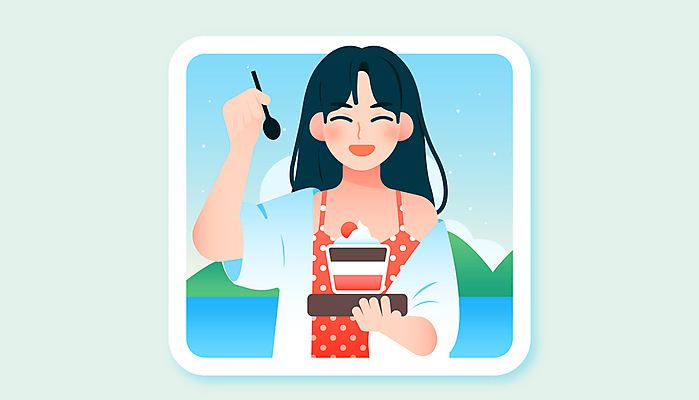 여자 행복 일러스트 한명 웃음 들기 성인 해변 연두색 여름 숟가락 빙수 빙수그릇 성인여자한명만 국내일러스트 AI파일 1 그릇 계절 감정 바다 모션 디저트 수저 표정 사람 초록색 여자한명만 성인여자만 파일형식 벡터