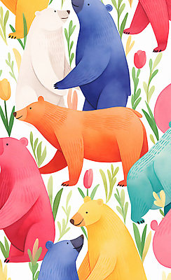 JPG 꽃 잎 패턴 일러스트 곰 자연 수채화 서기 사람없음 컬러풀 귀여움 그림 국내일러스트 AI일러스트 AI콘텐츠 식물 동물 컬러 컨셉 무늬 포유류 모션 생태계 파일형식