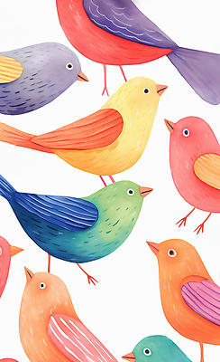 JPG 패턴 일러스트 조류 수채화 앉기 사람없음 컬러풀 귀여움 그림 국내일러스트 AI일러스트 AI콘텐츠 동물 컬러 컨셉 무늬 모션 파일형식