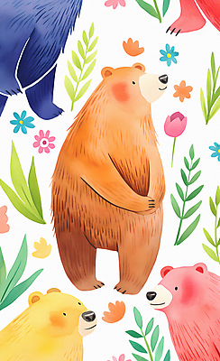 JPG 꽃 잎 패턴 일러스트 곰 자연 수채화 서기 사람없음 컬러풀 귀여움 그림 국내일러스트 AI일러스트 AI콘텐츠 식물 동물 컬러 컨셉 무늬 포유류 모션 생태계 파일형식