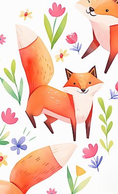 JPG 꽃 잎 패턴 일러스트 수채화 사람없음 컬러풀 평화 귀여움 그림 여우 국내일러스트 AI일러스트 AI콘텐츠 식물 컬러 컨셉 무늬 포유류 파일형식