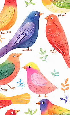 JPG 잎 패턴 일러스트 조류 수채화 앉기 사람없음 컬러풀 귀여움 그림 국내일러스트 AI일러스트 AI콘텐츠 식물 동물 컬러 컨셉 무늬 모션 파일형식