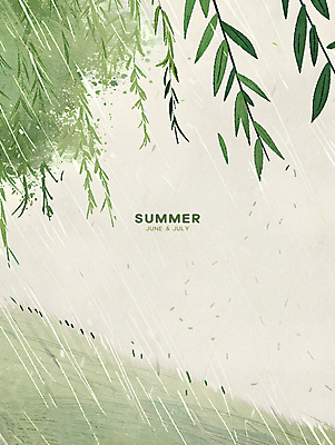 PSD 잎 일러스트 타이포그라피 사람없음 연두색 여름 풀 비 분위기 6월 수양버들 7월 카피스페이스 국내일러스트 자연요소 식물 문자 계절 컨셉 날씨 초록색 공백 날짜 버드나무 파일형식